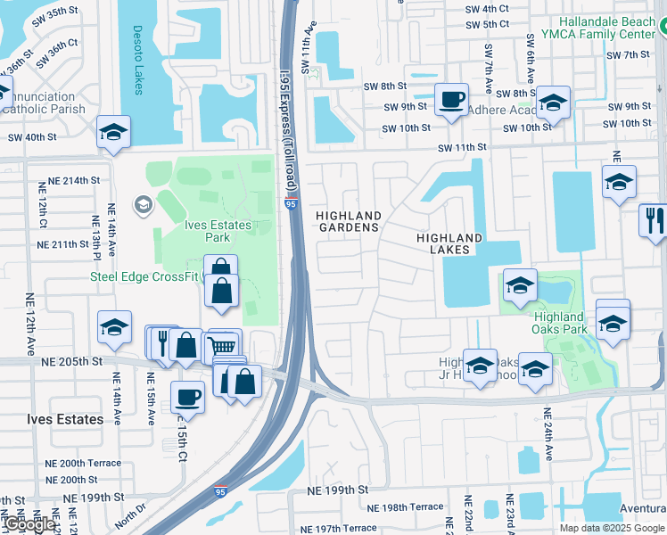 map of restaurants, bars, coffee shops, grocery stores, and more near 1861 Northeast 211th Street in Miami