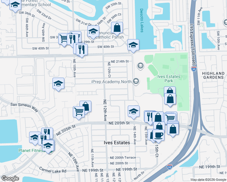 map of restaurants, bars, coffee shops, grocery stores, and more near 1281 Northeast 210th Terrace in Miami