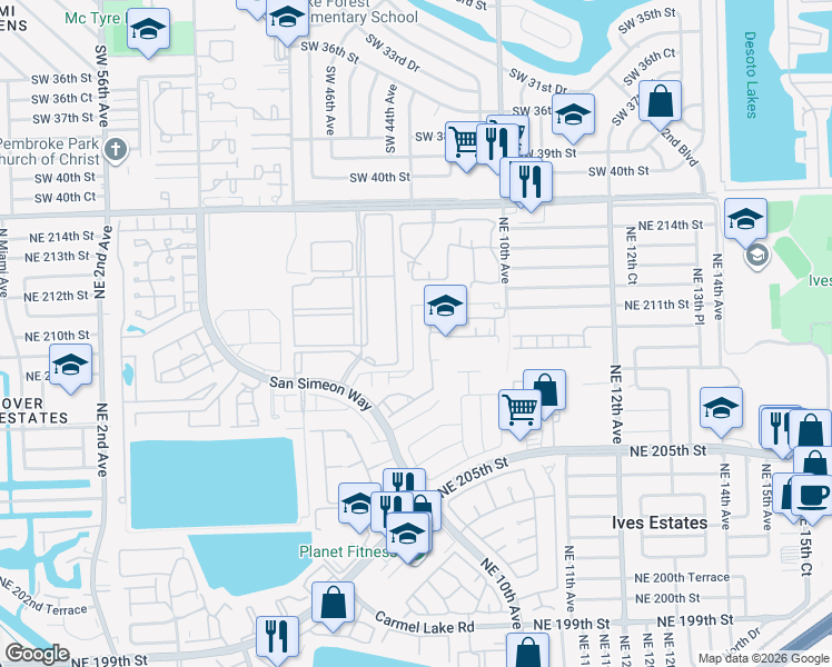 map of restaurants, bars, coffee shops, grocery stores, and more near 20825 Northeast 8th Court in North Miami Beach