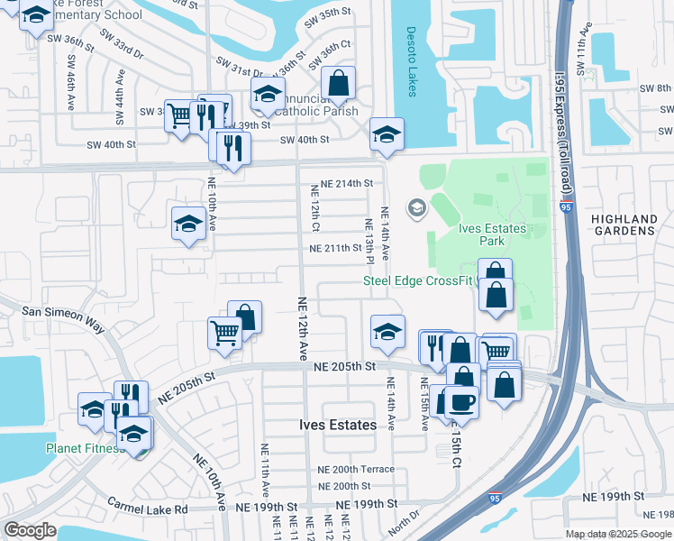 map of restaurants, bars, coffee shops, grocery stores, and more near 1281 Northeast 210th Terrace in Miami