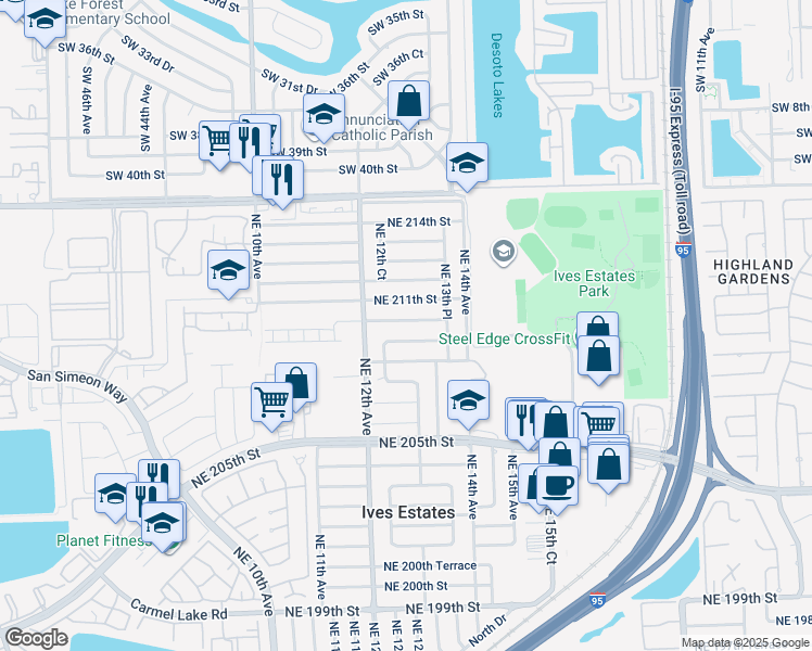 map of restaurants, bars, coffee shops, grocery stores, and more near 1281 Northeast 210th Terrace in Miami