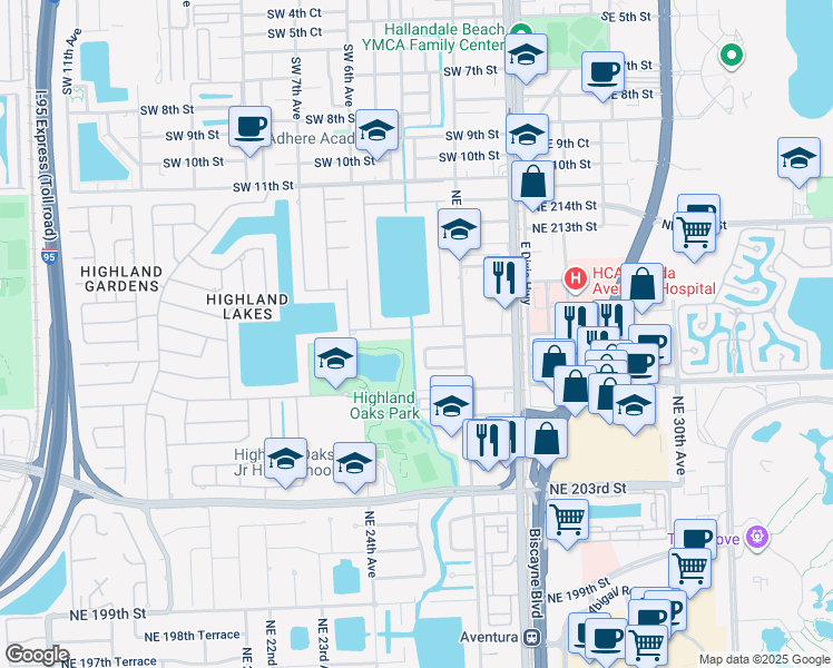 map of restaurants, bars, coffee shops, grocery stores, and more near 2531 Northeast 209th Terrace in Miami