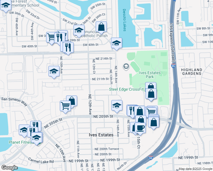 map of restaurants, bars, coffee shops, grocery stores, and more near 1281 Northeast 210th Terrace in Miami