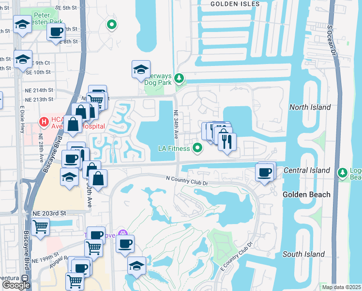 map of restaurants, bars, coffee shops, grocery stores, and more near 20907 Leeward Court in Miami