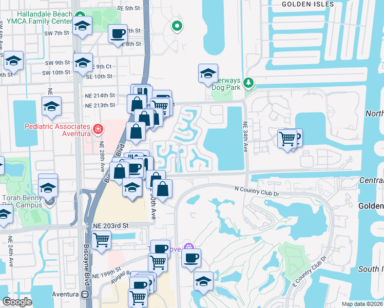 map of restaurants, bars, coffee shops, grocery stores, and more near 3130 Northeast 210th Street in Aventura