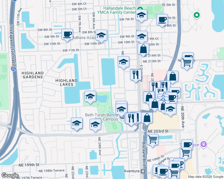 map of restaurants, bars, coffee shops, grocery stores, and more near 2531 Northeast 209th Terrace in Miami