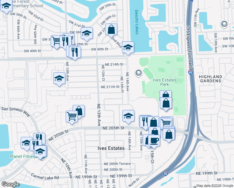 map of restaurants, bars, coffee shops, grocery stores, and more near 1281 Northeast 210th Terrace in Miami