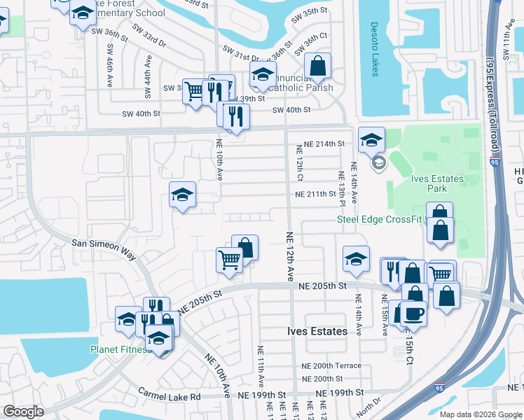 map of restaurants, bars, coffee shops, grocery stores, and more near 1170 Northeast 210th Terrace in Miami