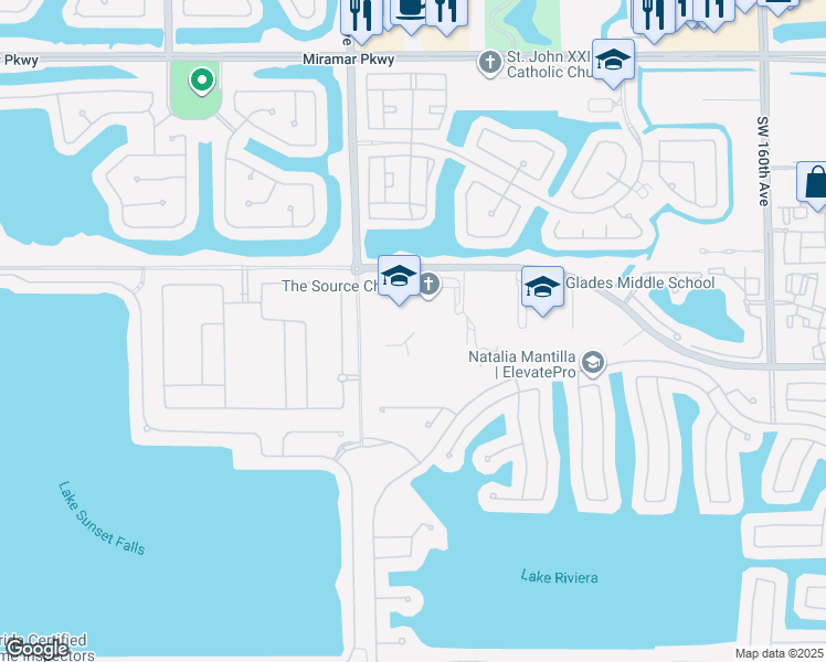 map of restaurants, bars, coffee shops, grocery stores, and more near 17100 Southwest 48th Court in Miramar