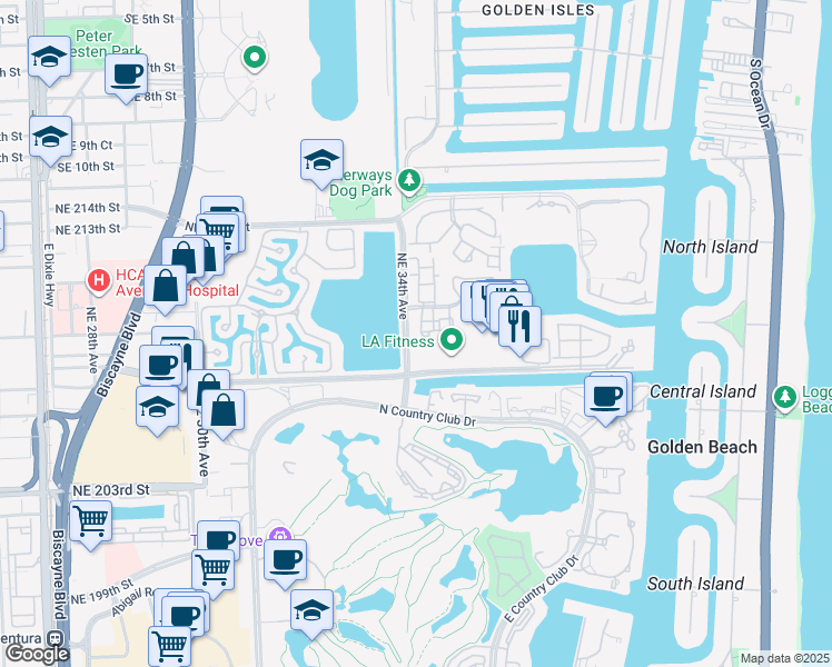 map of restaurants, bars, coffee shops, grocery stores, and more near 20907 Leeward Court in Miami