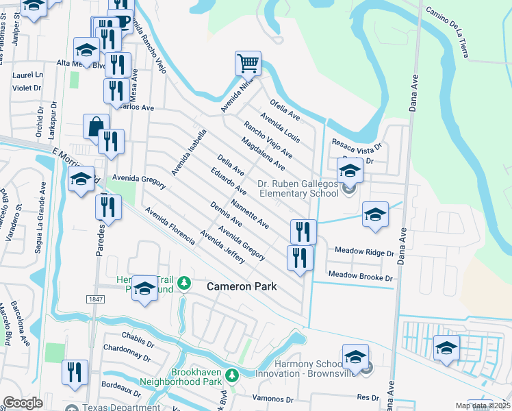 map of restaurants, bars, coffee shops, grocery stores, and more near 2531 Eduardo Avenue in Brownsville