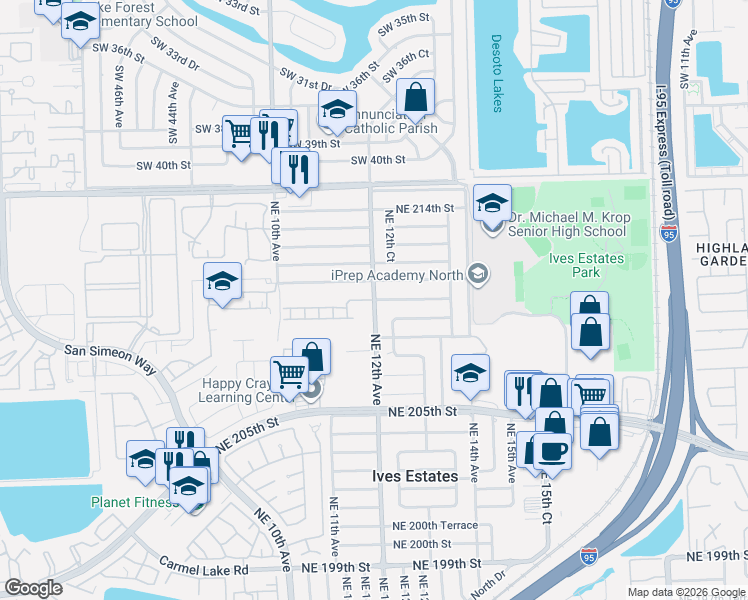map of restaurants, bars, coffee shops, grocery stores, and more near 1220 Northeast 211th Street in Miami