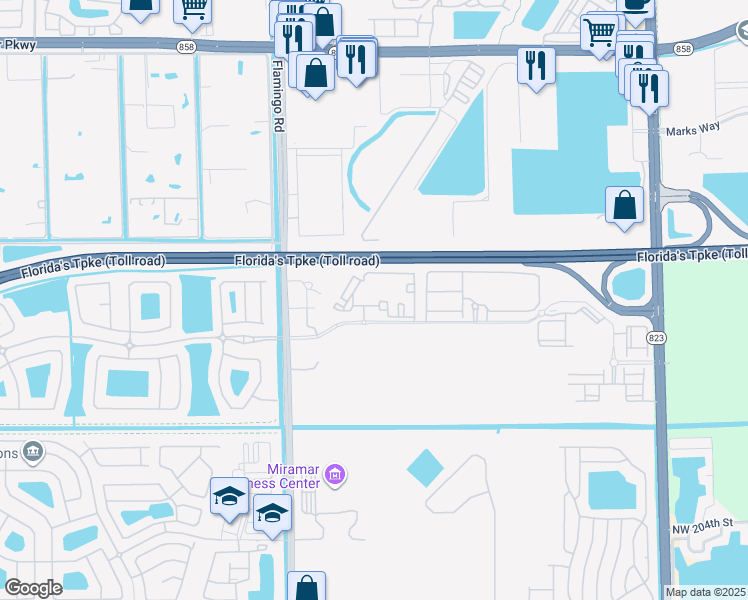 map of restaurants, bars, coffee shops, grocery stores, and more near 12096 Southwest 42nd Manor in Miramar