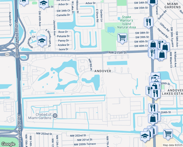 map of restaurants, bars, coffee shops, grocery stores, and more near 820 Northwest 210th Street in Miami