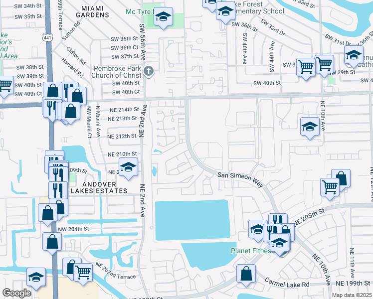 map of restaurants, bars, coffee shops, grocery stores, and more near 21301 San Simeon Way in Miami