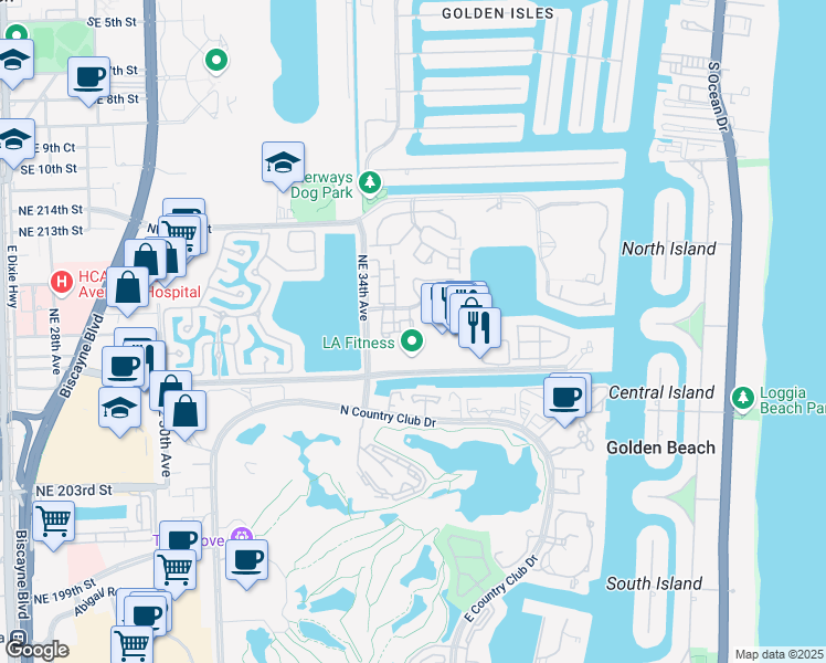 map of restaurants, bars, coffee shops, grocery stores, and more near 20945 Bay Court in Miami
