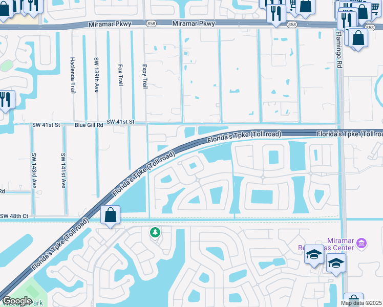 map of restaurants, bars, coffee shops, grocery stores, and more near 13173 Southwest 44th Street in Miramar