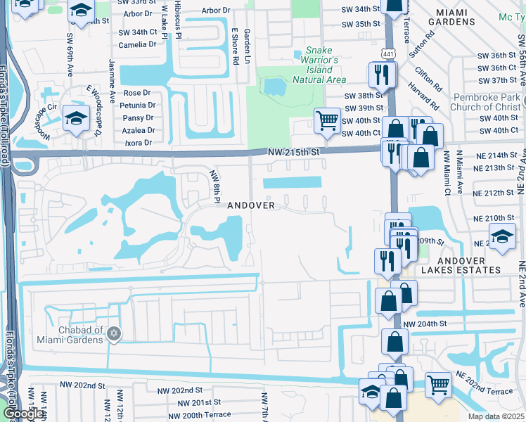 map of restaurants, bars, coffee shops, grocery stores, and more near 650 Northwest 210th Street in Miami