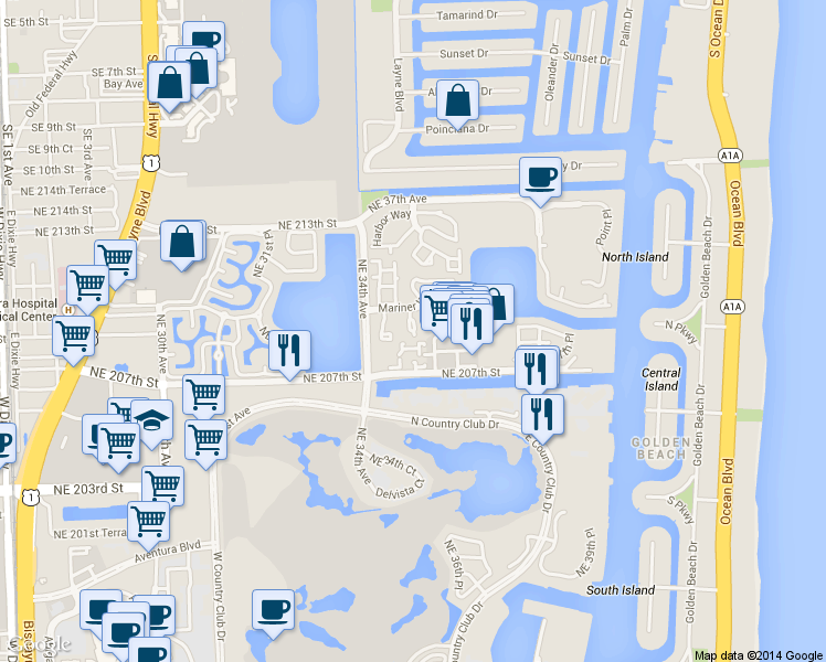 map of restaurants, bars, coffee shops, grocery stores, and more near 20945 Bay Court in Miami