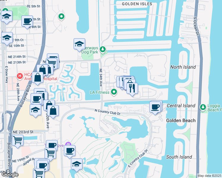 map of restaurants, bars, coffee shops, grocery stores, and more near 20907 Leeward Court in Miami