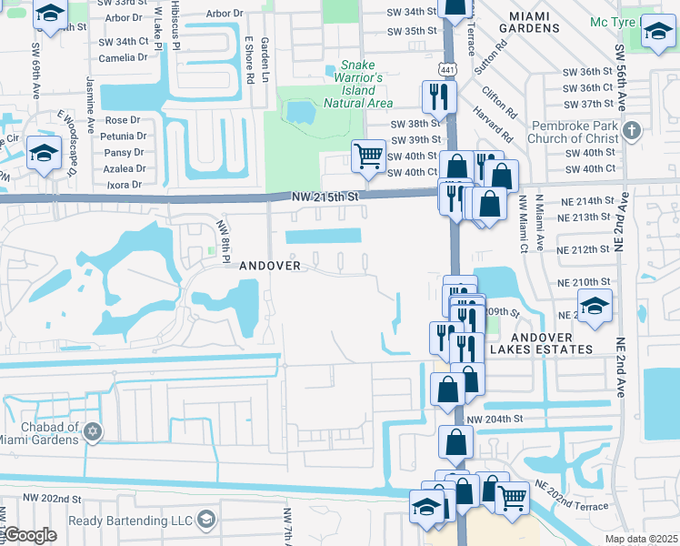 map of restaurants, bars, coffee shops, grocery stores, and more near 455 Northwest 210th Street in Miami