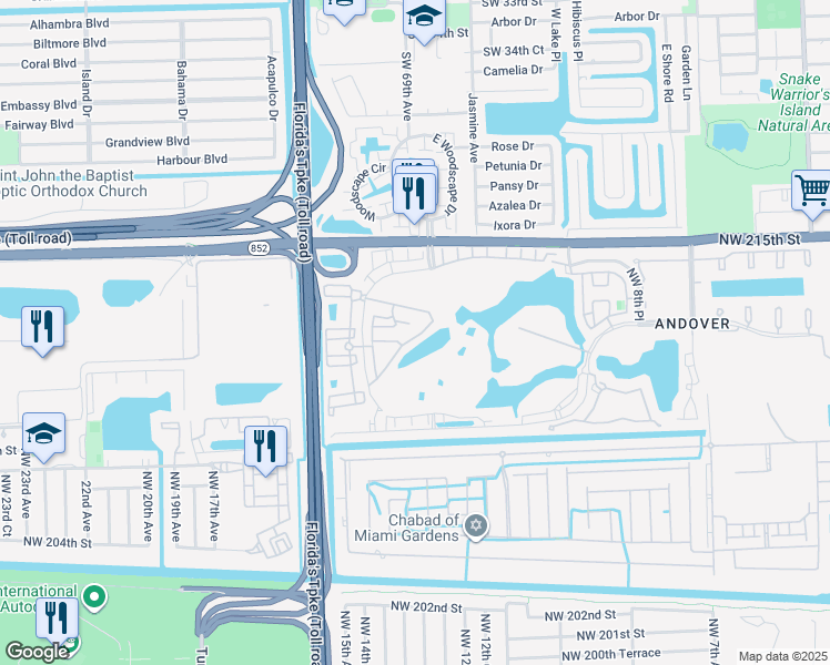 map of restaurants, bars, coffee shops, grocery stores, and more near 21211 Northwest 14th Place in Miami Gardens