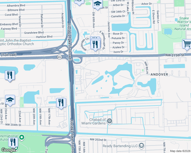 map of restaurants, bars, coffee shops, grocery stores, and more near 21211 Northwest 14th Place in Miami Gardens