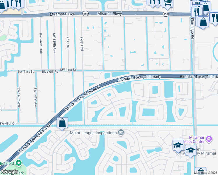map of restaurants, bars, coffee shops, grocery stores, and more near 13173 Southwest 44th Street in Miramar