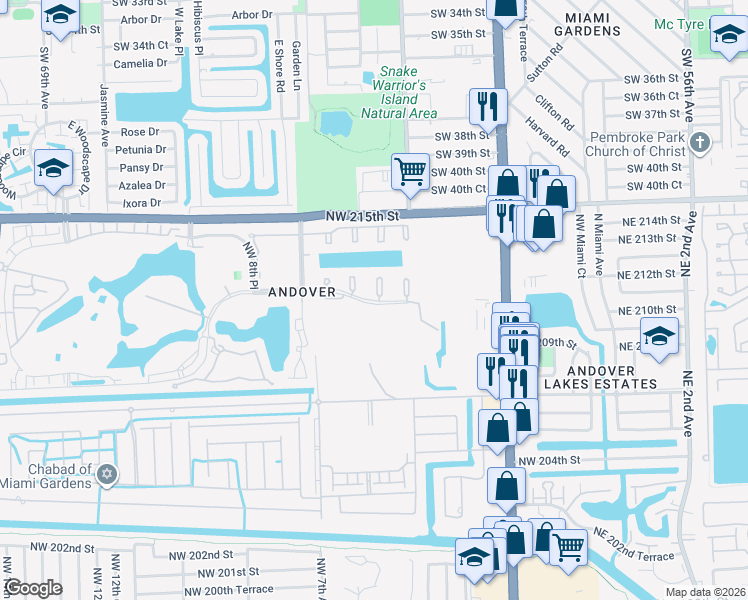 map of restaurants, bars, coffee shops, grocery stores, and more near 455 Northwest 210th Street in Miami