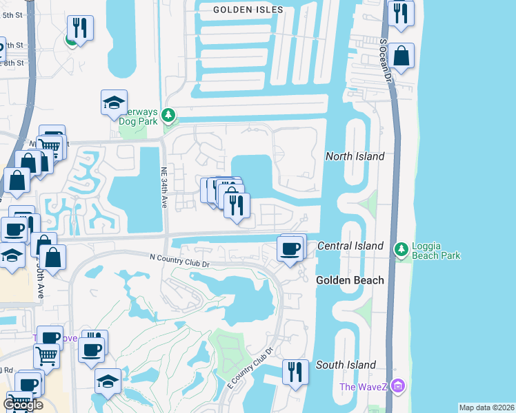 map of restaurants, bars, coffee shops, grocery stores, and more near 3615 Northeast 207th Street in Aventura
