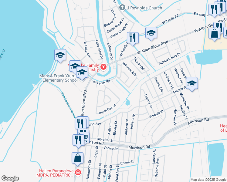 map of restaurants, bars, coffee shops, grocery stores, and more near 1733 Royal Oak Street in Brownsville