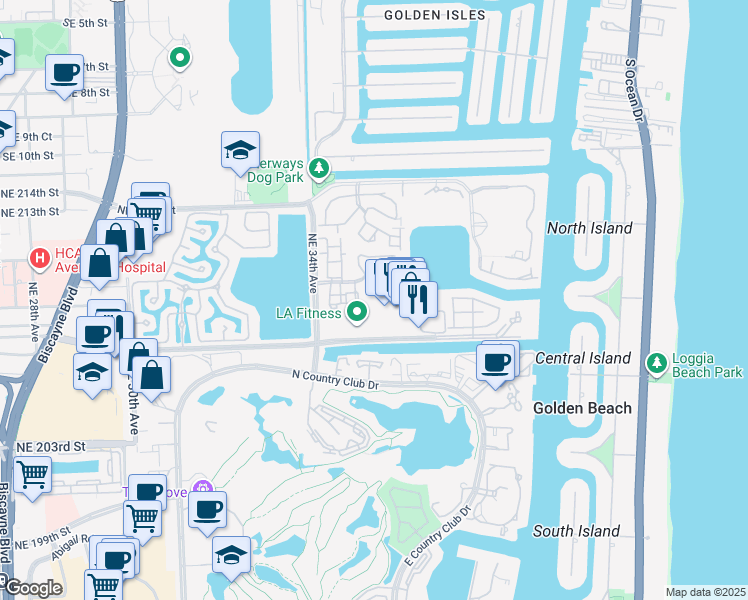 map of restaurants, bars, coffee shops, grocery stores, and more near 20945 Bay Court in Miami