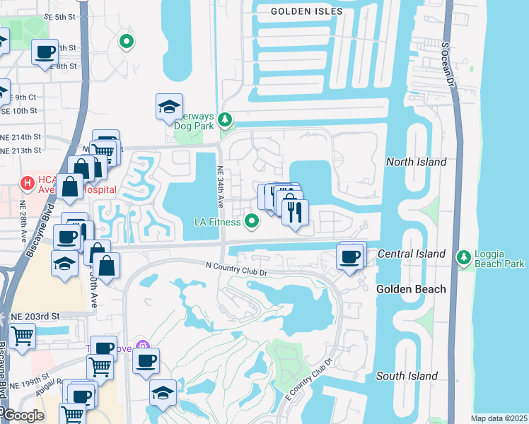 map of restaurants, bars, coffee shops, grocery stores, and more near 20945 Bay Court in Miami