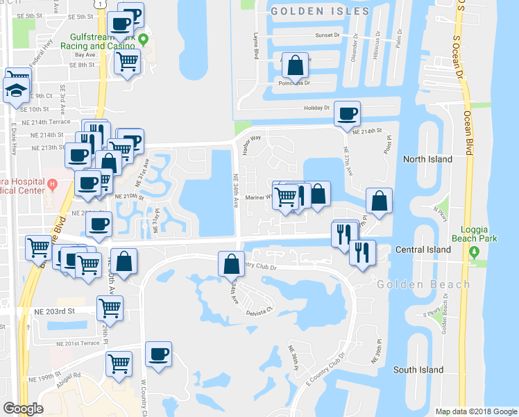 map of restaurants, bars, coffee shops, grocery stores, and more near 20907 Leeward Court in Miami