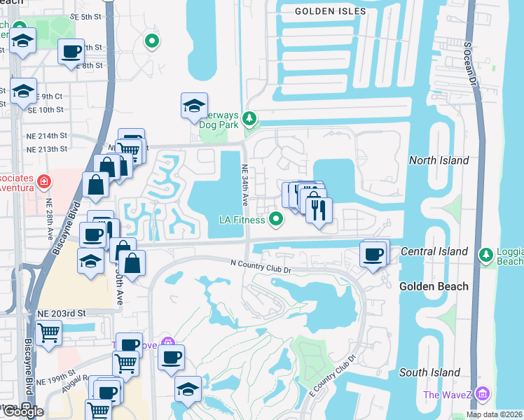 map of restaurants, bars, coffee shops, grocery stores, and more near 20907 Leeward Court in Miami