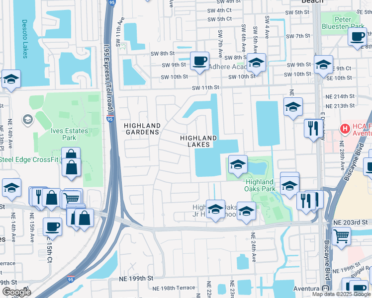 map of restaurants, bars, coffee shops, grocery stores, and more near 2100 Northeast 211th Street in Miami