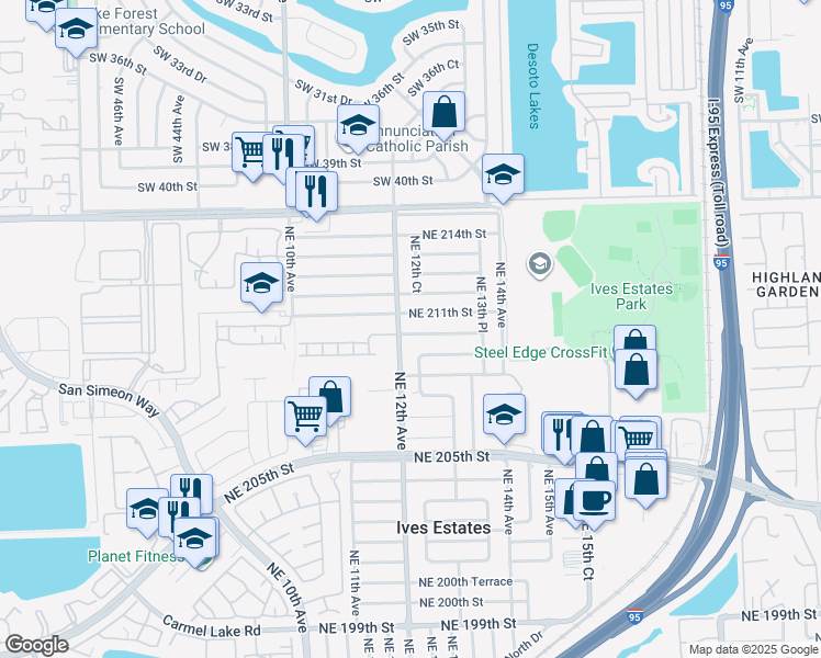 map of restaurants, bars, coffee shops, grocery stores, and more near 1220 Northeast 211th Street in Miami