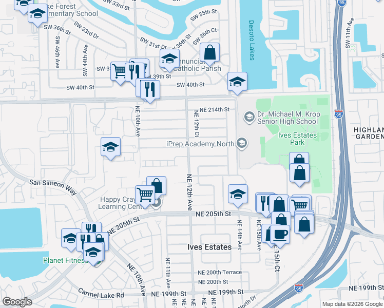 map of restaurants, bars, coffee shops, grocery stores, and more near 1220 Northeast 211th Street in Miami
