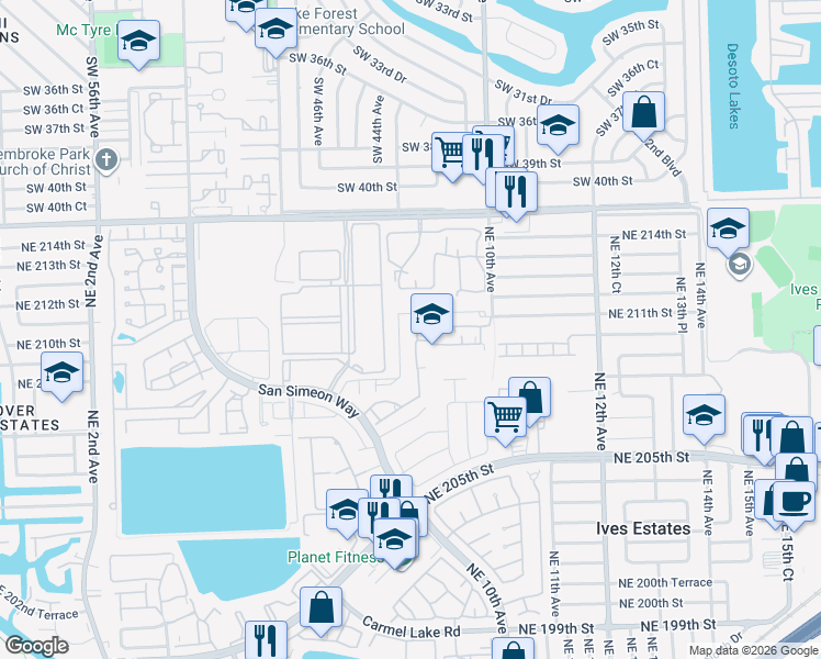 map of restaurants, bars, coffee shops, grocery stores, and more near 20825 Northeast 8th Court in North Miami Beach