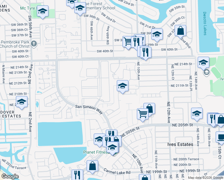 map of restaurants, bars, coffee shops, grocery stores, and more near 20900-20998 Northeast 8th Court in Miami