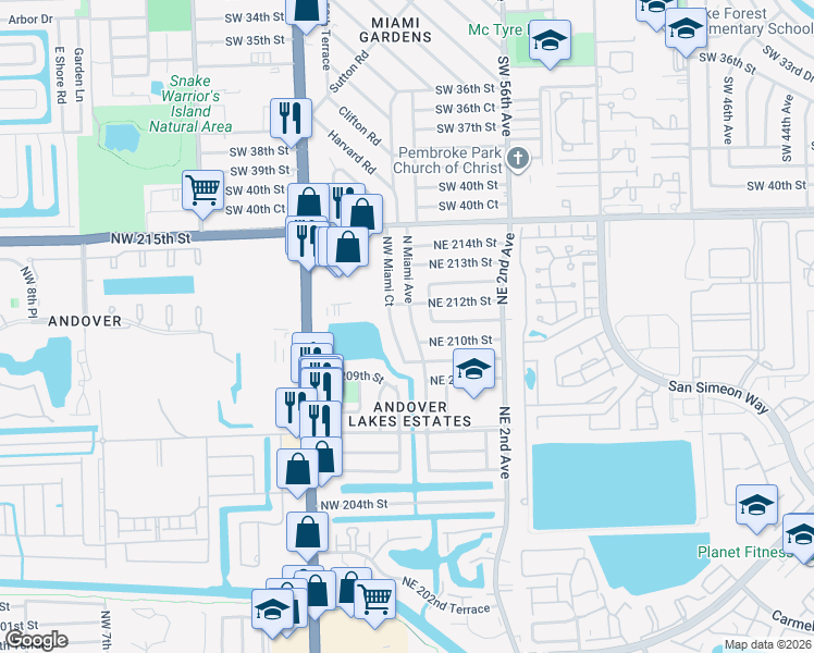 map of restaurants, bars, coffee shops, grocery stores, and more near 21100 North Miami Avenue in Miami