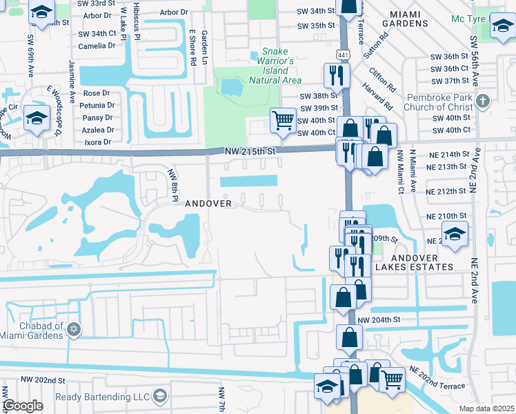 map of restaurants, bars, coffee shops, grocery stores, and more near 455 Northwest 210th Street in Miami