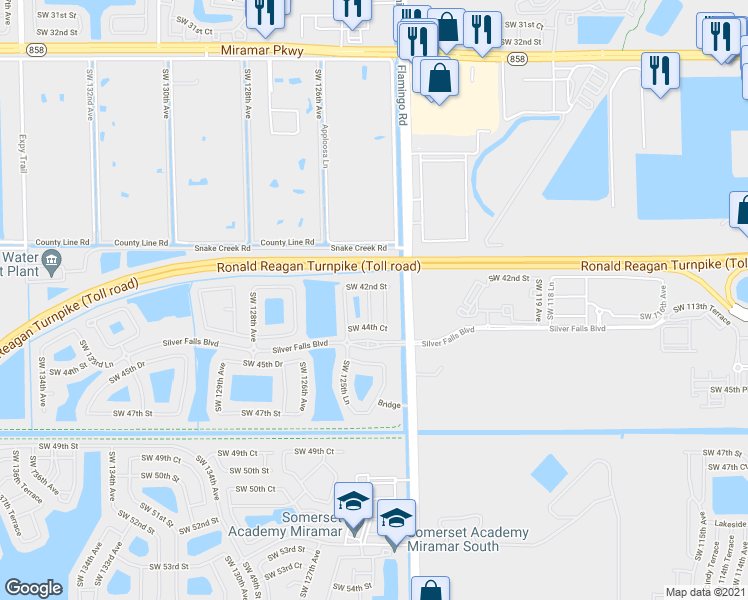 map of restaurants, bars, coffee shops, grocery stores, and more near 12460 Southwest 42nd Street in Miramar