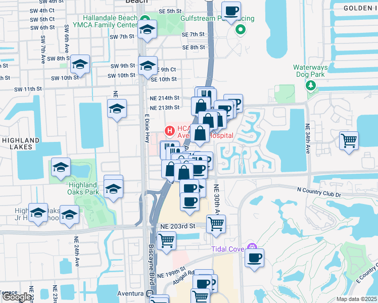 map of restaurants, bars, coffee shops, grocery stores, and more near 2910 Northeast 210th Street in Aventura