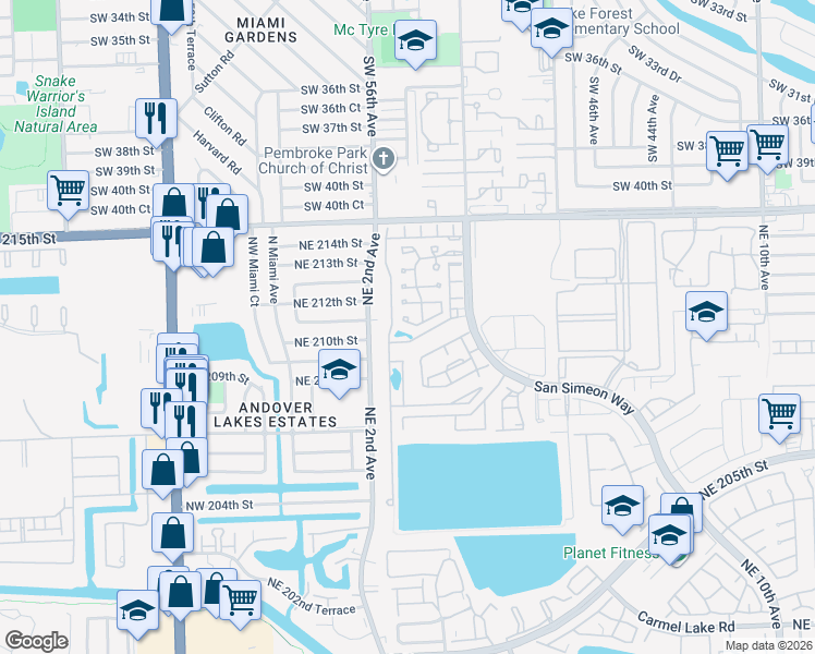 map of restaurants, bars, coffee shops, grocery stores, and more near 211 Northeast 211th Street in North Miami Beach