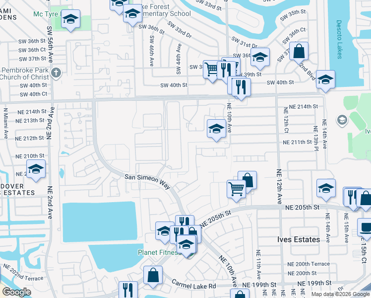 map of restaurants, bars, coffee shops, grocery stores, and more near 20900-20998 Northeast 8th Court in Miami