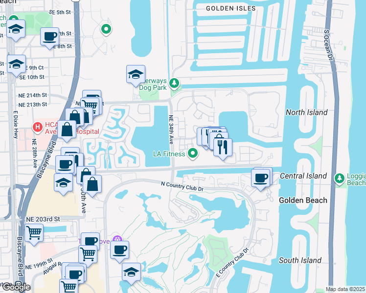 map of restaurants, bars, coffee shops, grocery stores, and more near 20907 Leeward Court in Miami