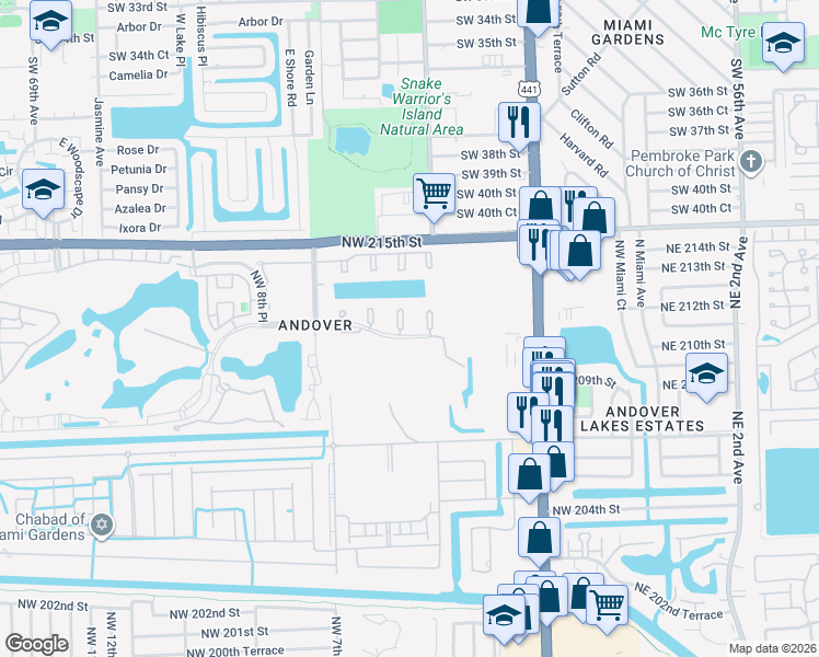 map of restaurants, bars, coffee shops, grocery stores, and more near 455 Northwest 210th Street in Miami