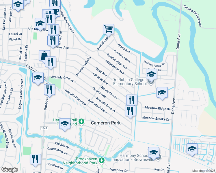 map of restaurants, bars, coffee shops, grocery stores, and more near 2531-2533 Eduardo Avenue in Brownsville