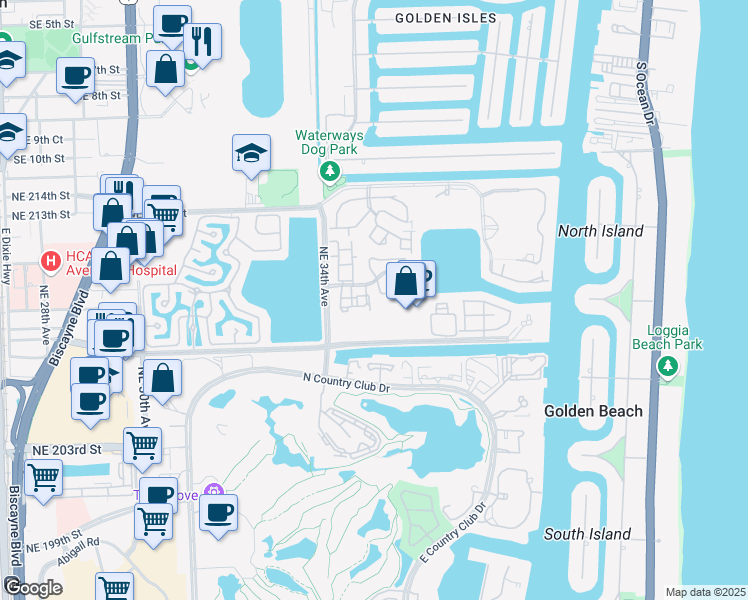 map of restaurants, bars, coffee shops, grocery stores, and more near 20945 Bay Court in Miami